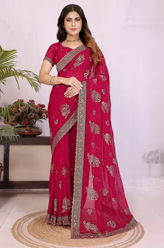 Rani pink georgette embroidery work saree with matching blouse piece