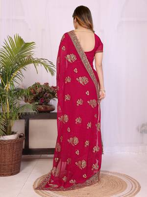 Rani pink georgette embroidery work saree with matching blouse piece 2