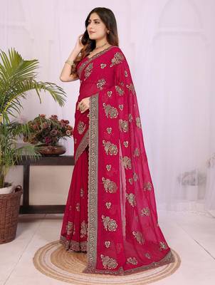 Rani pink georgette embroidery work saree with matching blouse piece 3