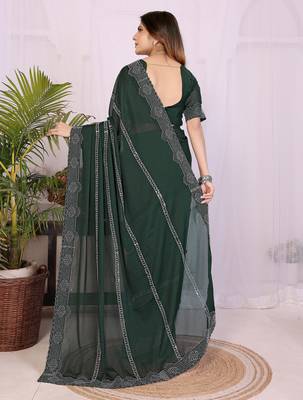 Green georgette swarovski work saree with matching blouse piece 2