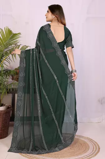 Green georgette swarovski work saree with matching blouse piece