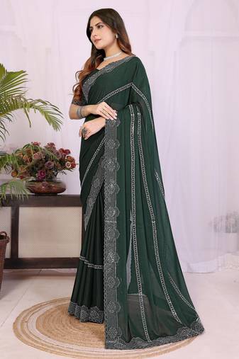 Green georgette swarovski work saree with matching blouse piece