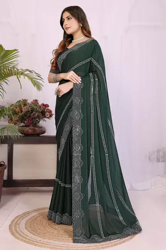 Green georgette swarovski work saree with matching blouse piece