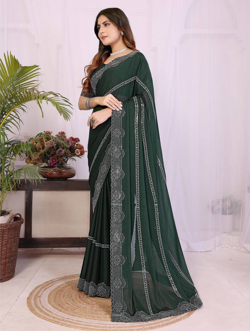 Green georgette swarovski work saree with matching blouse piece