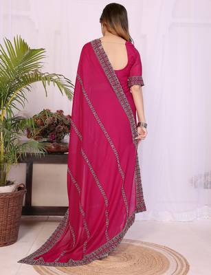 rani pink georgette swarovski work saree with matching blouse piece 2