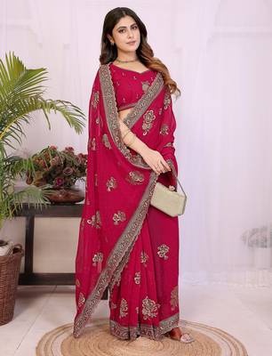 Rani pink georgette embroidery work saree with matching blouse piece 4