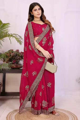 Rani pink georgette embroidery work saree with matching blouse piece