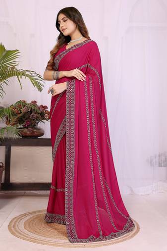 rani pink georgette swarovski work saree with matching blouse piece