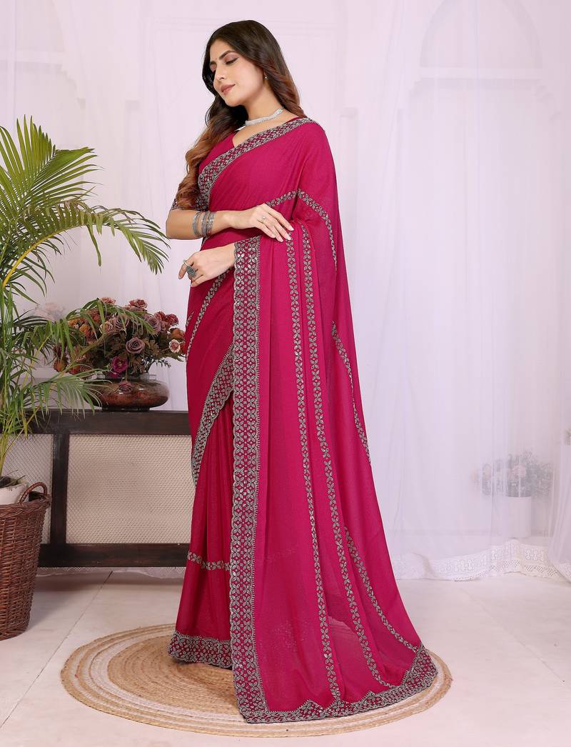 rani pink georgette swarovski work saree with matching blouse piece