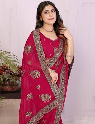 Rani pink georgette embroidery work saree with matching blouse piece 5
