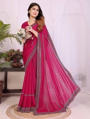 rani pink georgette swarovski work saree with matching blouse piece 3