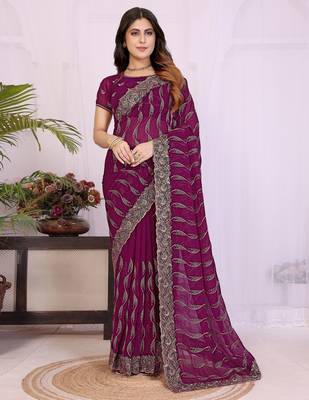 Wine georgette embroidery work saree with matching blouse piece 1