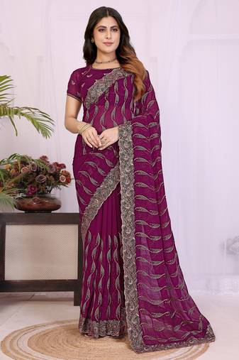 Wine georgette embroidery work saree with matching blouse piece