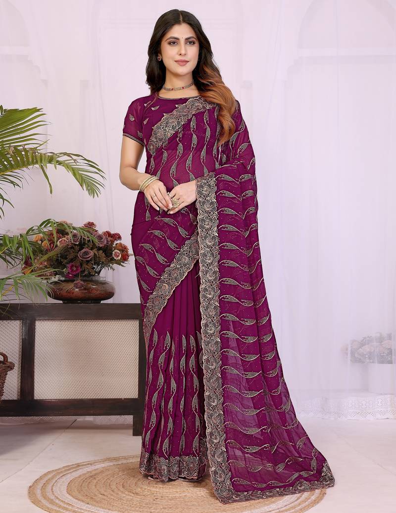 Wine georgette embroidery work saree with matching blouse piece