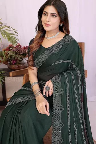 Green georgette swarovski work saree with matching blouse piece