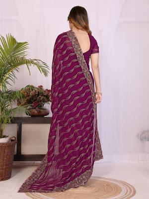 Wine georgette embroidery work saree with matching blouse piece 2