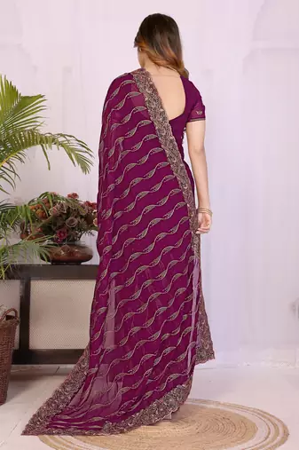 Wine georgette embroidery work saree with matching blouse piece