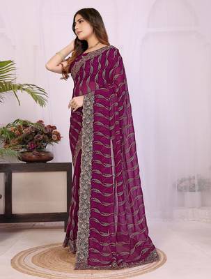 Wine georgette embroidery work saree with matching blouse piece 3