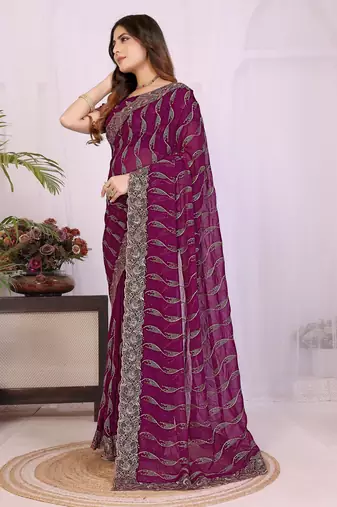 Wine georgette embroidery work saree with matching blouse piece
