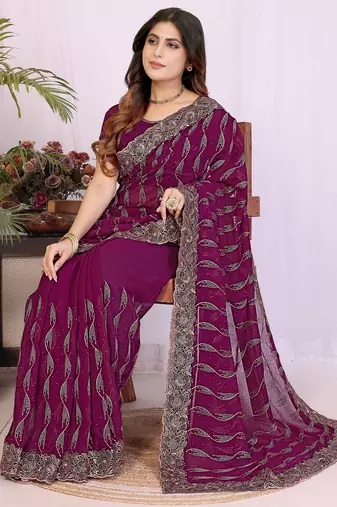 Wine georgette embroidery work saree with matching blouse piece