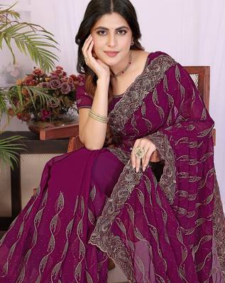 Wine georgette embroidery work saree with matching blouse piece 5