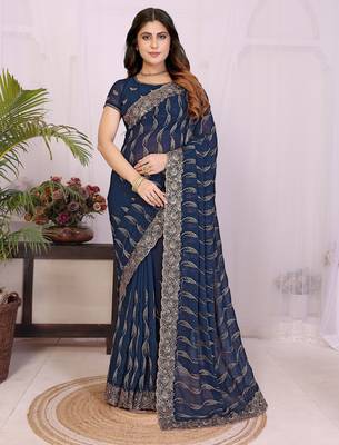 Navy blue georgette embroidery work saree with matching blouse piece 1