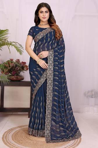Navy blue georgette embroidery work saree with matching blouse piece