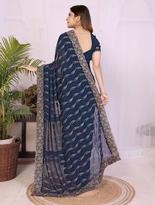 Navy blue georgette embroidery work saree with matching blouse piece 2