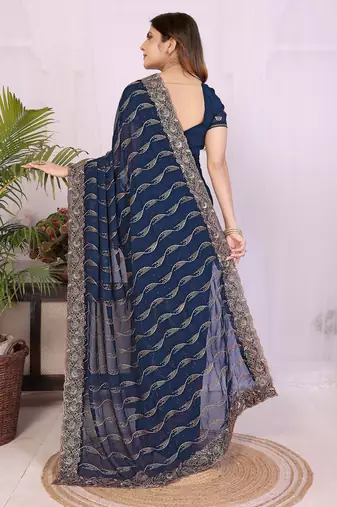 Navy blue georgette embroidery work saree with matching blouse piece