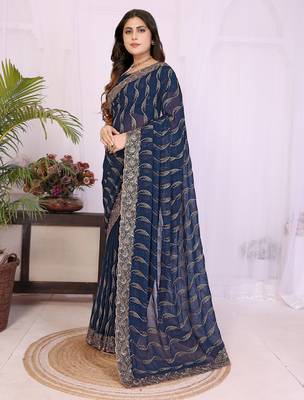Navy blue georgette embroidery work saree with matching blouse piece 3