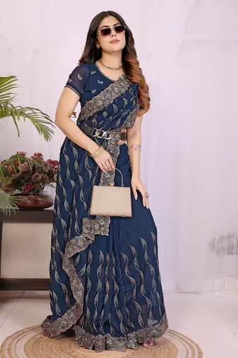 Navy blue georgette embroidery work saree with matching blouse piece