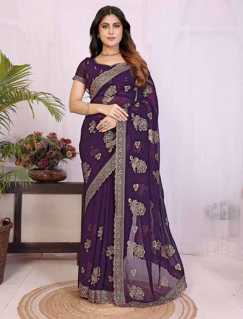 Purple georgette embroidery work saree with matching blouse piece