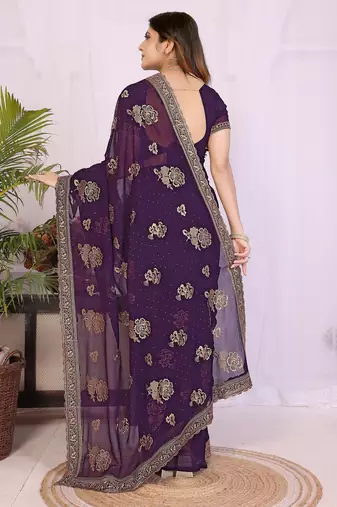 Purple georgette embroidery work saree with matching blouse piece