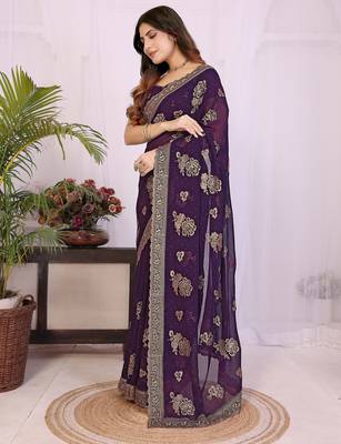 Purple georgette embroidery work saree with matching blouse piece 3