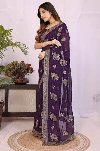 Purple georgette embroidery work saree with matching blouse piece
