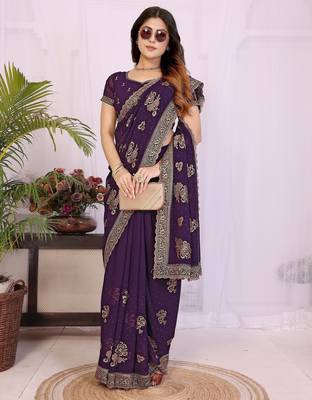 Purple georgette embroidery work saree with matching blouse piece 4