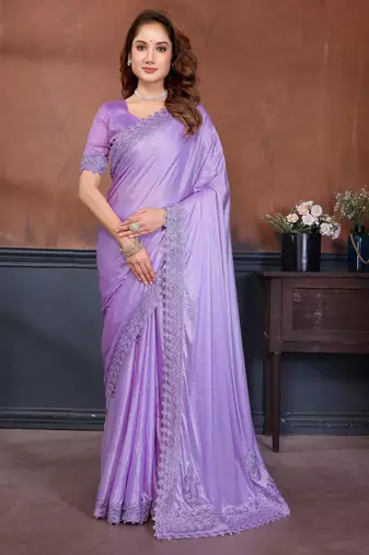 Lavender lycra dudrop polka dot lace embroiderd saree with matching blouse piece