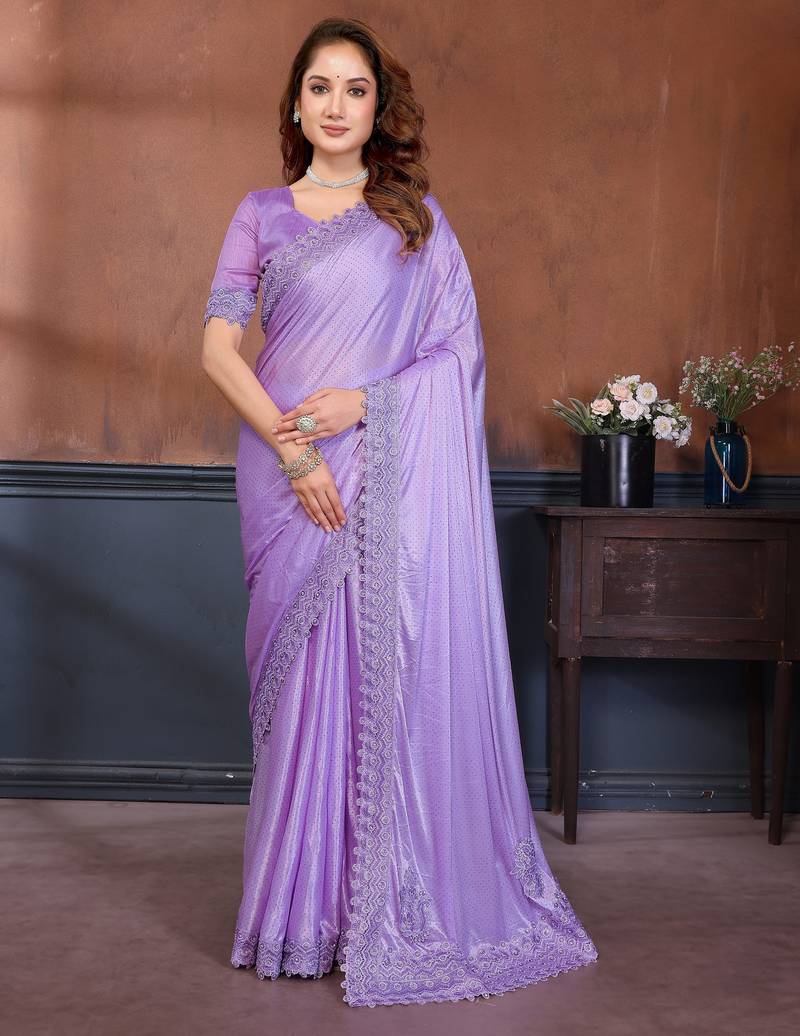 Lavender lycra dudrop polka dot lace embroiderd saree with matching blouse piece