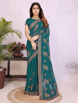 Teal georgette embroidery work saree with matching blouse piece 1