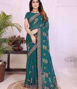 Teal georgette embroidery work saree with matching blouse piece