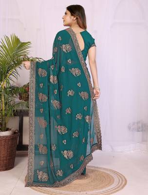 Teal georgette embroidery work saree with matching blouse piece 2