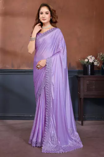 Lavender lycra dudrop polka dot lace embroiderd saree with matching blouse piece