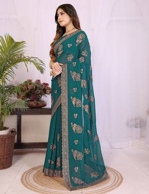 Teal georgette embroidery work saree with matching blouse piece 3