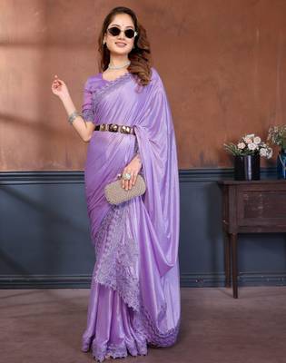 Lavender lycra dudrop polka dot lace embroiderd saree with matching blouse piece 4
