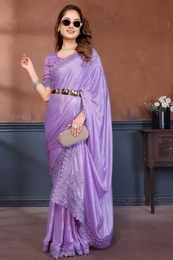 Lavender lycra dudrop polka dot lace embroiderd saree with matching blouse piece