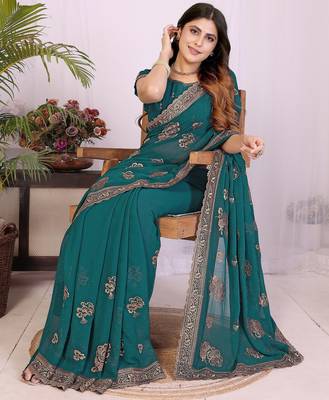 Teal georgette embroidery work saree with matching blouse piece 4