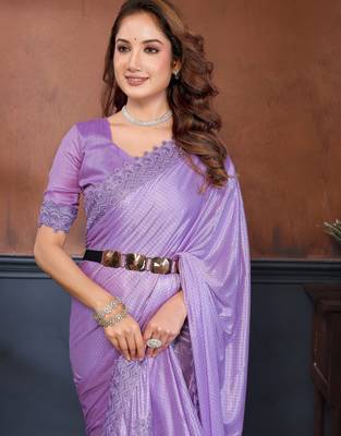 Lavender lycra dudrop polka dot lace embroiderd saree with matching blouse piece 5