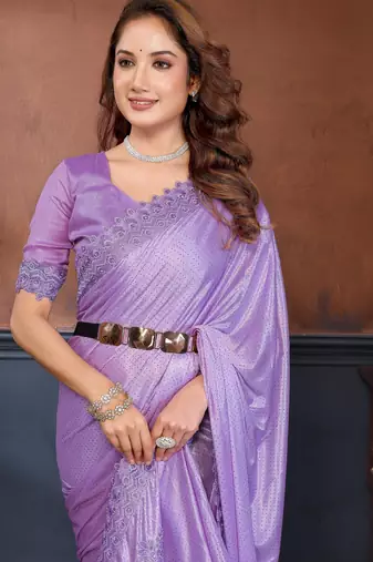 Lavender lycra dudrop polka dot lace embroiderd saree with matching blouse piece