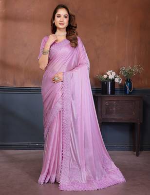 Pink lycra dudrop polka dot lace embroiderd saree with matching blouse piece 1