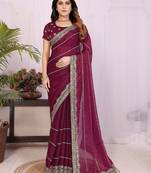 Burgundy fendy chiffon embroidery work saree with matching blouse piece